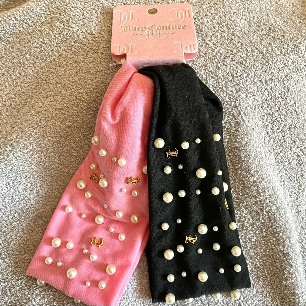 Juicy Couture Pearl Gold JC Logo Charms Headbands - Black and Pink 2pc set NWT